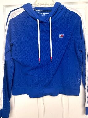 Tommy Hilfiger Men’s Royal Blue Mesh Crewneck Hoodie with White Accents